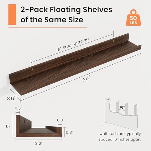 RICHFOCUS Picture Ledge Shelf, 24 inch Floating Shelves Set of 2, Wood Wall - Image 3