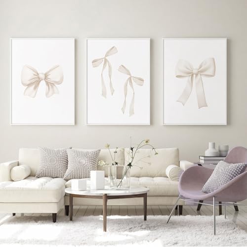 Preppy Bow Wall Art Decor Set of 3 Beige Coquette Wall Art Aesthetic Canvas - Image 5