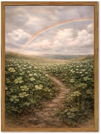 Framed Vintage Landscape Canvas Wall Art, Rustic Wildflower Field Rainbow by Unknown