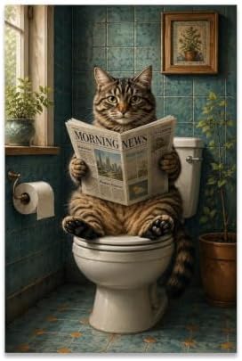 Funny Cat Newspaper Poster Morning News Reading Canvas Wall Art by Unknown