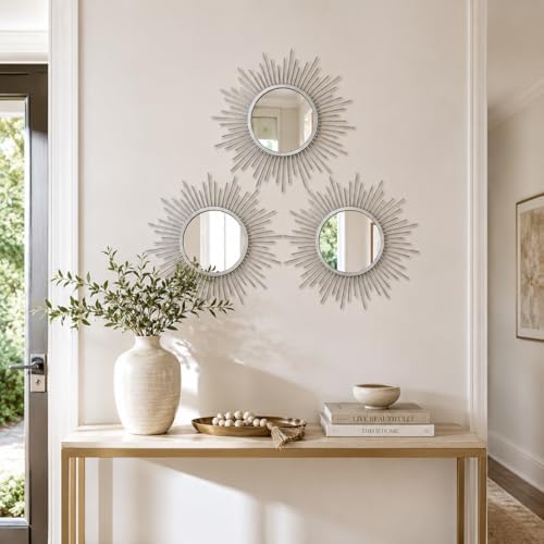Silver Sunburst Mirror Set of 3, Starburst Accent Mirror Wall Decor - Image 4