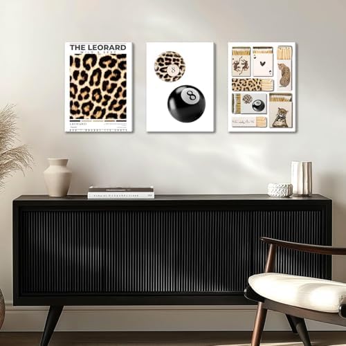 Framed Trendy Leopard Canvas Wall Art Set of 3, Preppy Cheetah Lucky 8 Ball - Image 4
