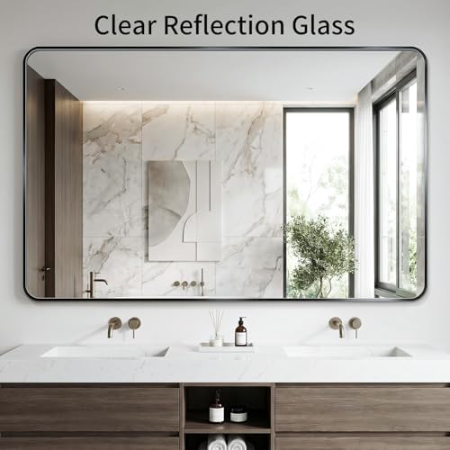 Koonmi Bathroom Mirror, 36X55 Brushed Black Rectangle Wall Mirror, HD Tempered - Image 3