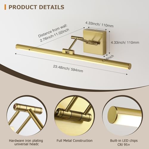 Hard-Wired Picture Light for Wall, Brass Art Light, Gallery Light 23.39inch - Image 4