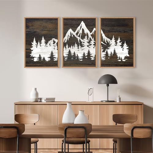 LHIUEM Large Mountain Tree Framed Canvas Wall Art Set, Modern White Forest Art - Image 3
