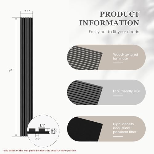 6 Pack Wood Salt Acoustic Wall Panels 94" x 7.9" x 0.8", Dark Gray - Image 3