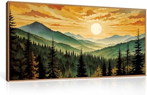 LHIUEM Large Boho Sunset Mountain Framed Canvas Wall Art, Retro Pine Tree Wall by LHIUEM