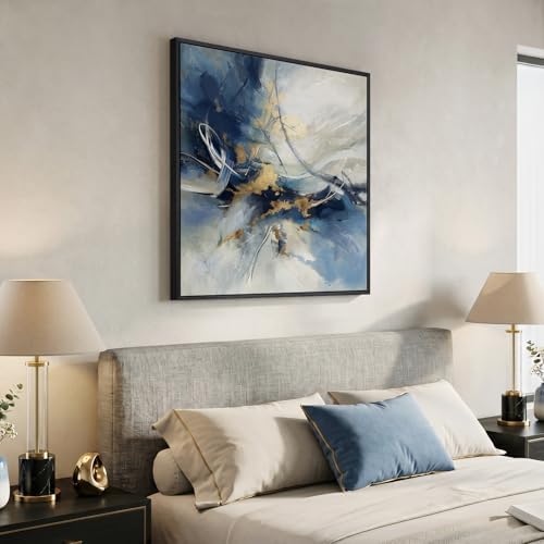 Framed Modern Blue White Abstract Wall Art Decor - Image 2