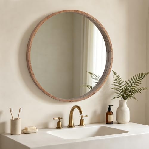 WallBeyond 32 Inch Round Wood Mirror, Burlwood Grain Wood Frame Circle Mirror - Image 2