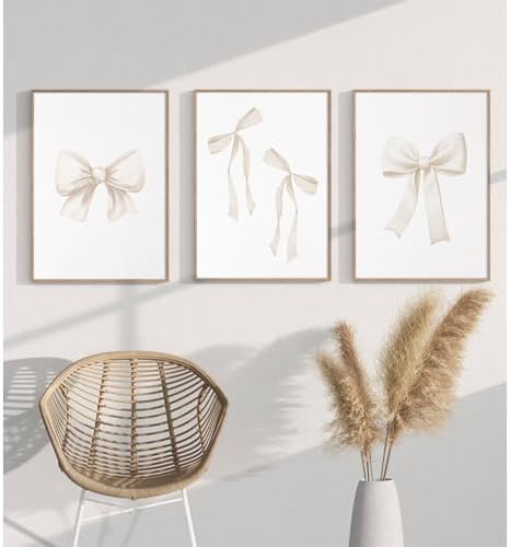 Preppy Bow Wall Art Decor Set of 3 Beige Coquette Wall Art Aesthetic Canvas - Image 3