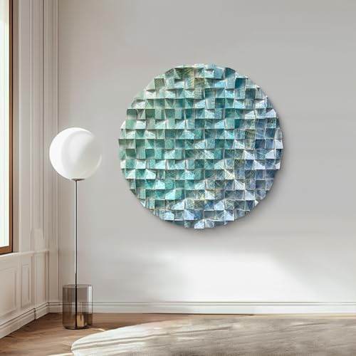 LIUZEYUE - Large blue-green-gold patterned triangular wooden block wall art by Unknown