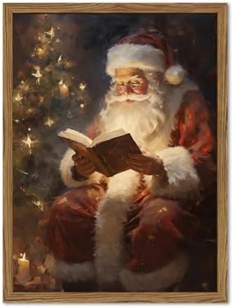 Framed Vintage Christmas Canvas Wall Art, Santa Claus Reading Book Paintings by Unknown