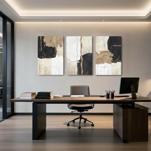 AVECCO Triptych Abstract Black Beige Gold Wrapped Canvas Wall Art 20x30 in - Image 2
