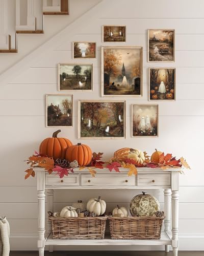 Vodefoad Vintage Halloween Ghost Wall Art Prints of 9, Retro Autumn Cute Ghost - Image 6