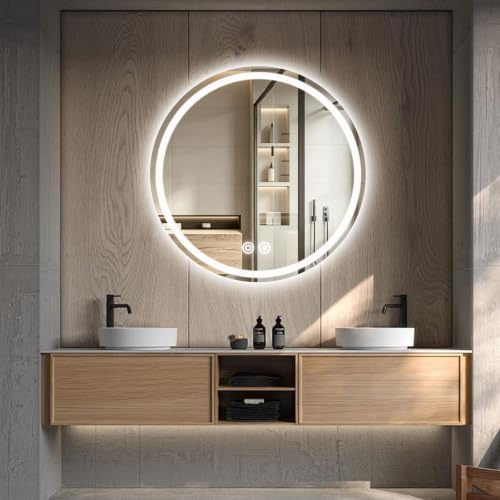 28 Inch LED Round Mirror Circle Bathroom Mirror by BOOLUU