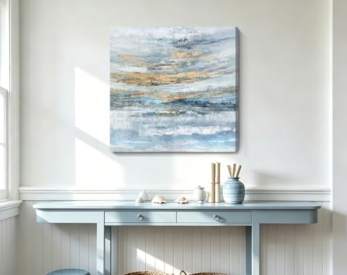 Abstract Canvas Wall Art Framed Light Blue Canvas Print Coastal Theme Artwork - Image 5