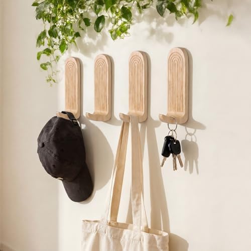 AceOrbit 4 Pcs Natural Rainbow Arch Adhesive Wall Hooks Boho Handmade Wooden No - Image 4