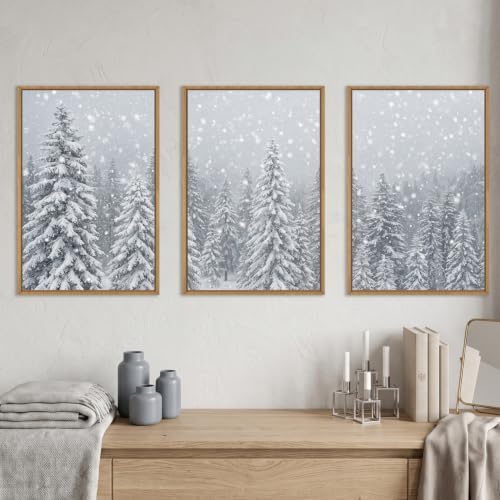 Snowy Christmas Tree Natural Woodland Framed Canvas Wall Art Set- 16"x24"x3 - Image 2