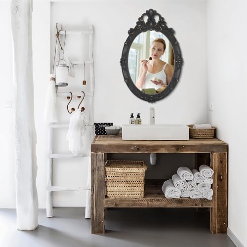 Vintage Black Hanging Mirror, Oval Carved Wood Frame Wall Mounted Mirrors - Image 5