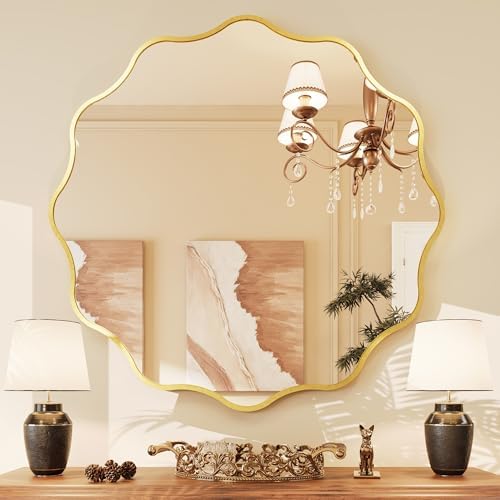 Kelly Miller 32" Gold Round Scalloped Mirror, Wavy Edge Decorative Mirror by KellyMiller