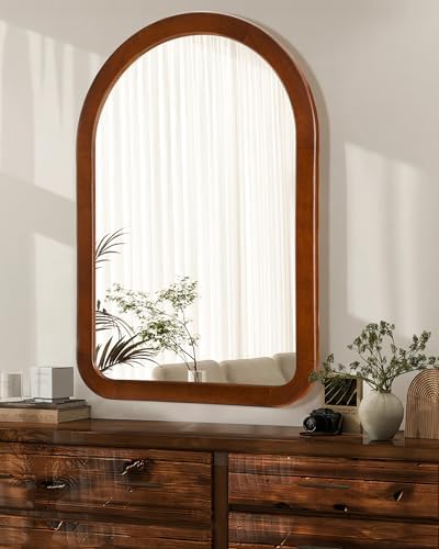 Arched Mirror 24 x 36 Inch, Walnut Brown Wood Rustic Bathroom Wall Mirror - Image 2