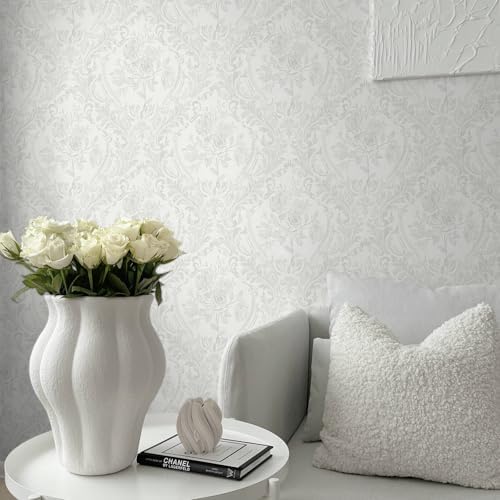 Ismoon Peel and Stick Wallpaper Vintage Floral Ligth Grey Damask Wallpaper - Image 2