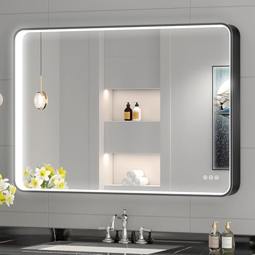 LED Mirror for Bathroom 40X28 Inch Black Framed by Oerbasz