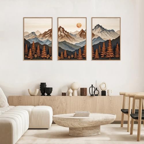 HLNIUC Large Boho Mountain Framed Canvas Wall Art Set, Woodcut Style Mountain - Image 3
