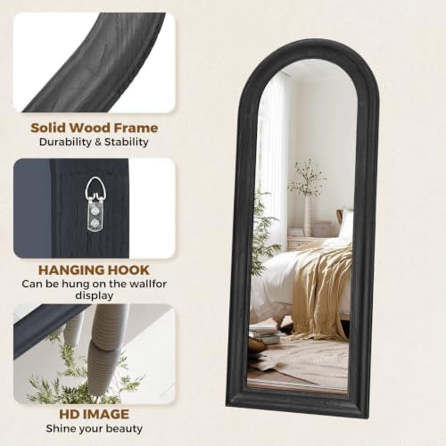 58x22 Solid Wood Arched Full Length Mirror, Elegant Black Finish - Image 3