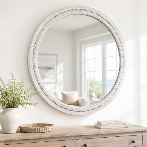 Solid Wood 36 Inch Round Beaded Wall Decor Mirror, Distressed White - Image 2