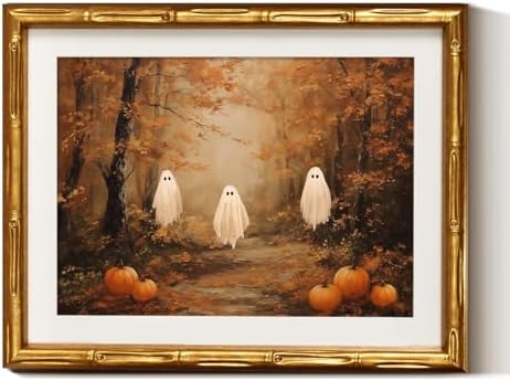 InSimSea Gold Bamboo Framed Fall Wall Art, Autumn Halloween Ghosts by InSimSeaArt