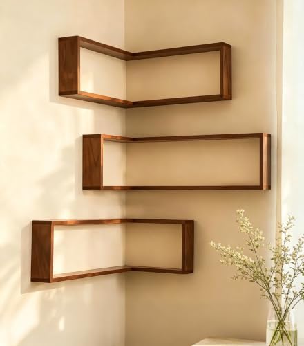 Corner Floating Shelves Wall Mounted Set of 3, Wooden Wall Corner Shelf Display by Tosphu