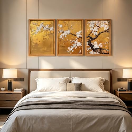 3 Pcs Japanese Golden Plum Blossom Flower Wall Art 12x16 Inches Wood Framed - Image 5