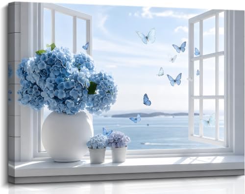 Birnsen Coastal Bathroom Canvas Wall Art Blue Hydrangea Floral Vase Butterfly by Birnsen