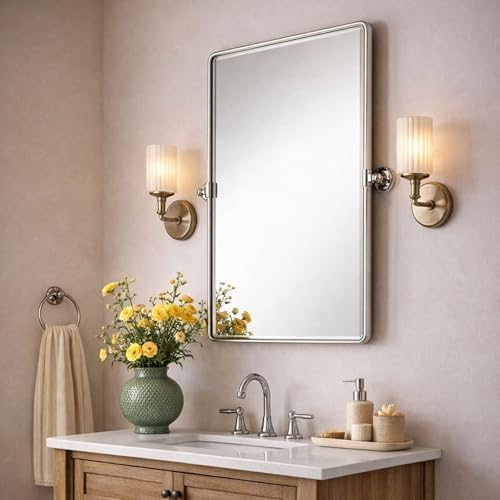 Farmhouse Pivot Rectangle Bathroom Mirror Chrome Metal Framed Tilting Beveled by TEHOME
