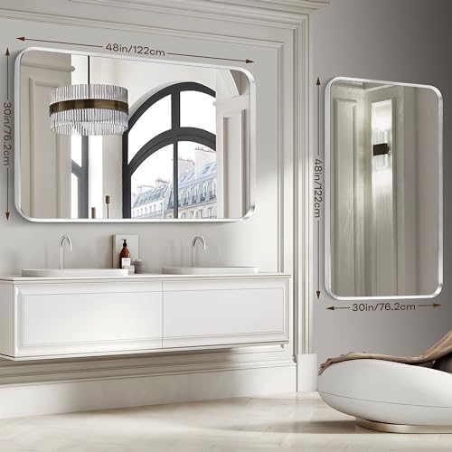 Silver Bathroom Mirror 30x48in, Metal Framed Rounded Rectangle - Image 2
