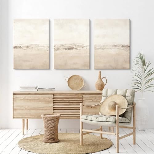 Baccone Beige Abstract Wall Art Set of 3 Neutral Canvas Wall Art Prints Boho - Image 4