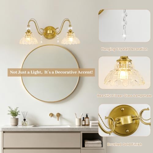 Vintage Bathroom Vanity Light, 2-Light Brushed Gold Finish Wall Sconce - Image 4