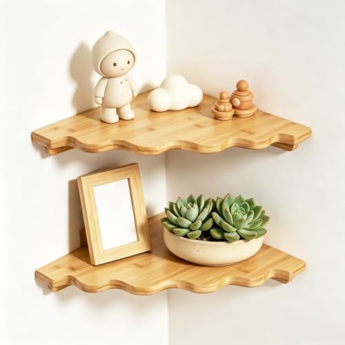 Fantasyon Corner Floating Shelf Wall Mount, Bamboo Wood Corner Hanging Shelves by Fantasyon