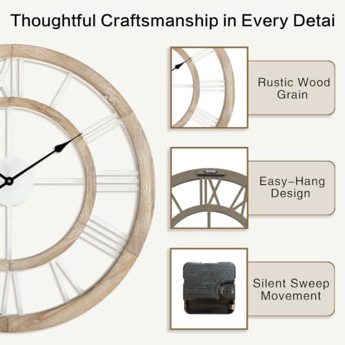 30 Inch Oversized Rustic Wall Clock Silent Non-Ticking Wooden Wall Clocks - Image 4