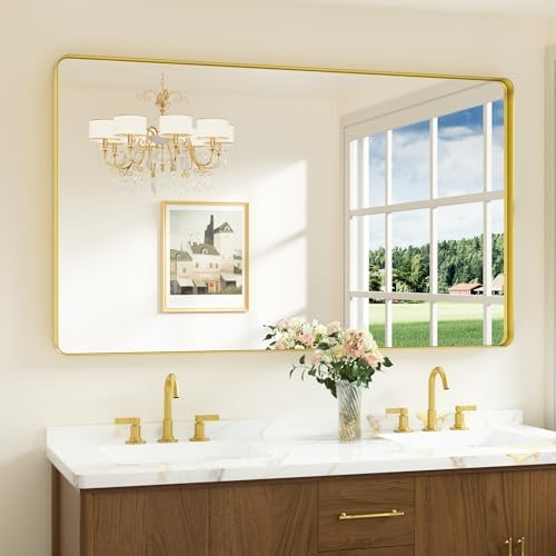 Keonjinn 60 x 36 Inch Brushed Gold Bathroom Vanity Mirror, Tempered Glass by Keonjinn