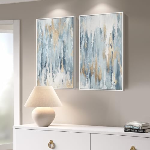Framed Blue and Gold Abstract Canvas Wall Art Decor Set of 2, 16x24 In - Image 2