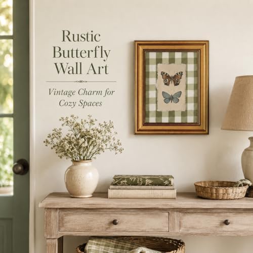 Gold Framed Wall Art, Vintage Gingham Butterfly Canvas Prints – Farmhouse - Image 2
