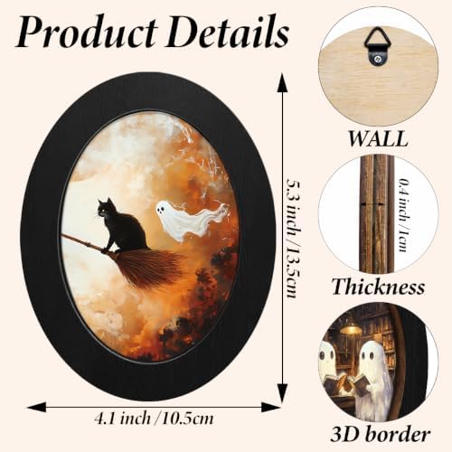 3Pcs Spooky Ghost Halloween Oval Wall Art Framed Black Cat Reading Decor - Image 2