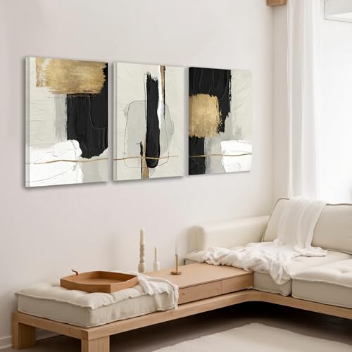 DUWQU Abstract Brushstrokes Canvas Wall Art Black White Gold 16x24 inch x3 - Image 5