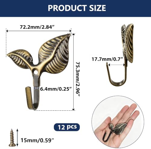 Set of 12 Vintage Leaf Wall Hooks, Rustic Bronze Iron Heavy Duty Coat Hangers - Image 2