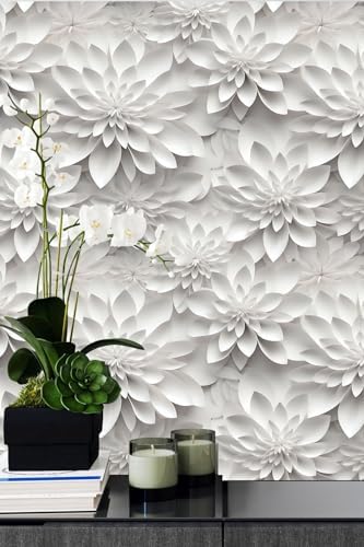 White Gray Lotus Floral Peel and Stick Wallpaper Visual 3D Effect by WEISENI