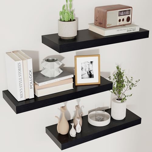 fuqing Black Floating Shelves for Wall, 17 Inch Wood Wall Shelves Set of 3 by Fuqing