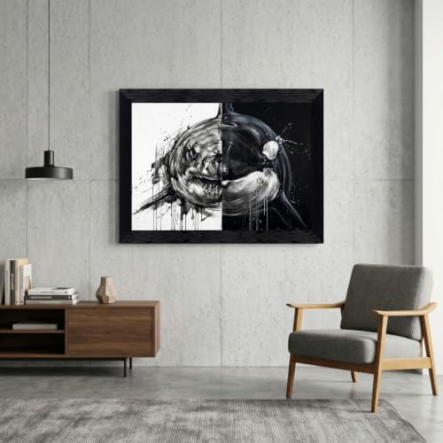 Framed Canvas Wall Art Monochrome Abstract Shark Orca Split Black White Ink - Image 4