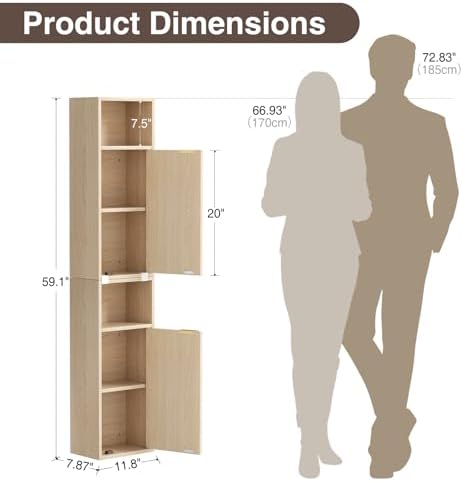AKMAKM 59.1" Tall Slim Bathroom Storage Cabinet Oak, Freestanding or Wall - Image 2